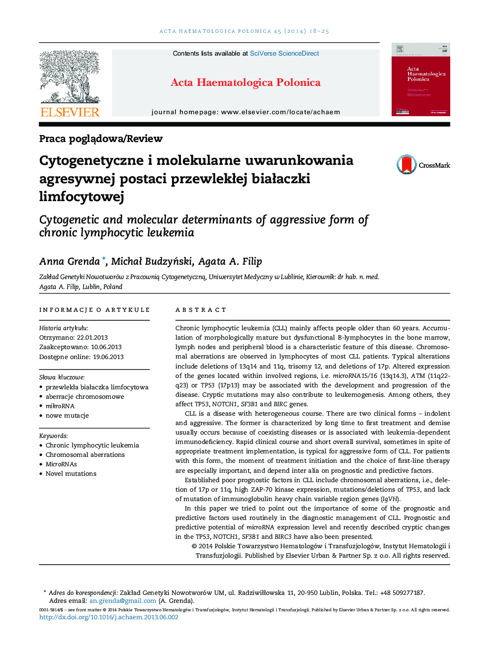 Cytogenetyczne i molekularne uwarunkowania agresywnej postaci przewlekÅej biaÅaczki limfocytowej