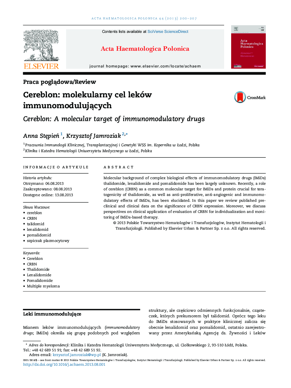 Cereblon: molekularny cel leków immunomodulujÄcych