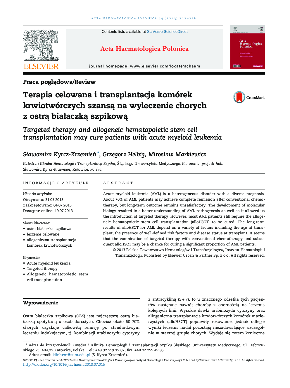 Terapia celowana i transplantacja komórek krwiotwórczych szansÄ na wyleczenie chorych z ostrÄ biaÅaczkÄ szpikowÄ