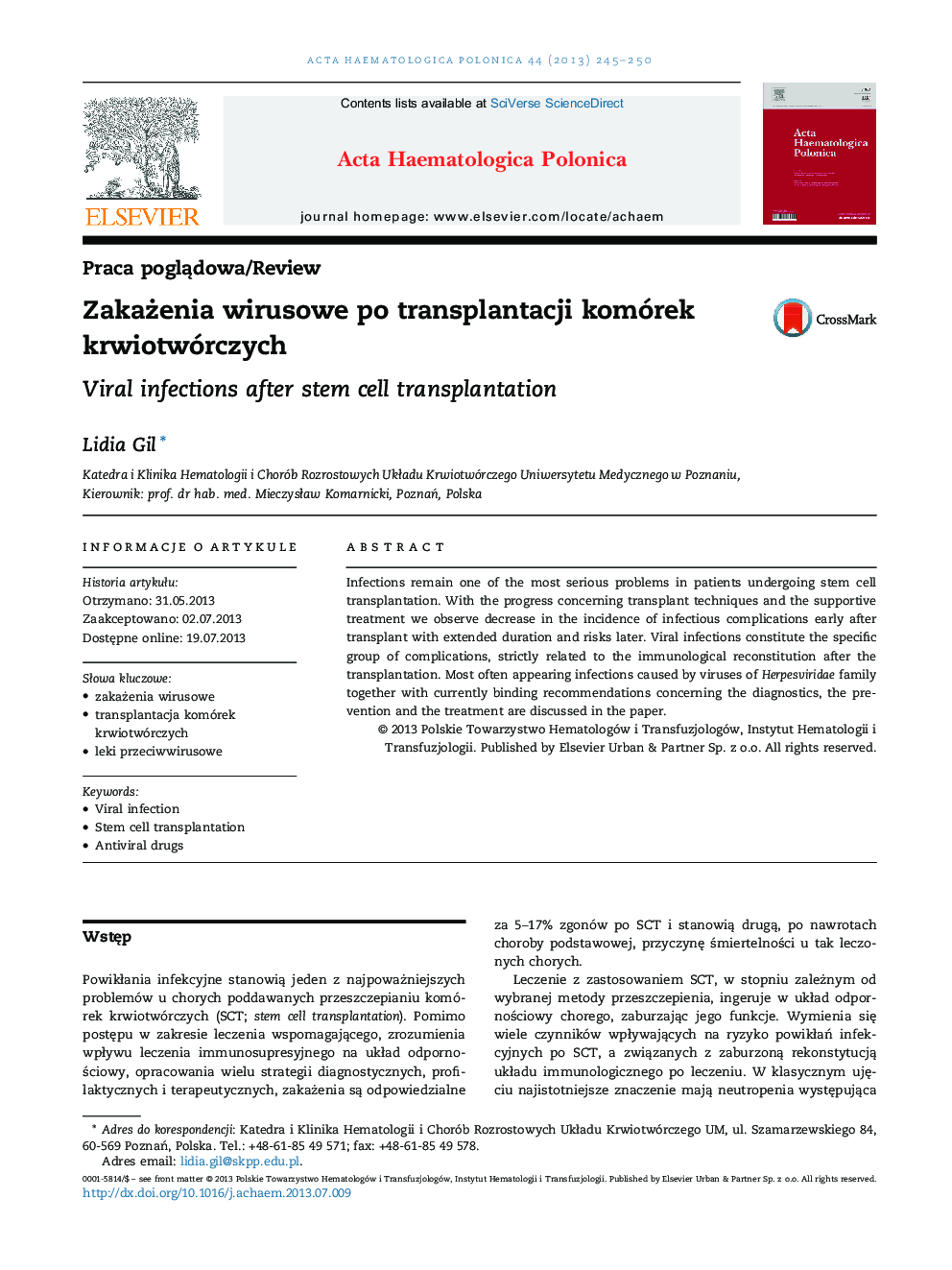 ZakaÅ¼enia wirusowe po transplantacji komórek krwiotwórczych