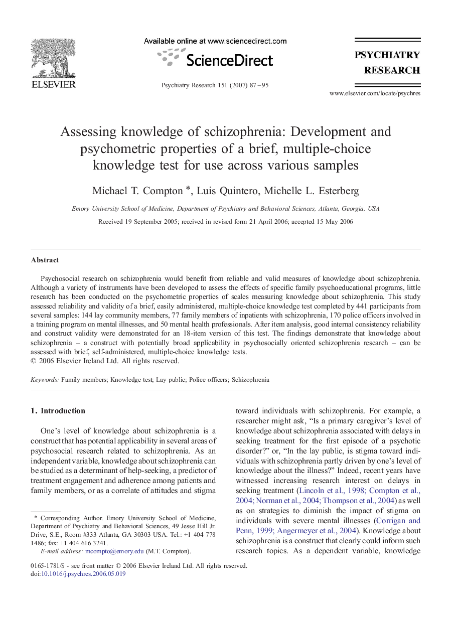 Assessing knowledge of schizophrenia: Development and psychometric properties of a brief, multiple-choice knowledge test for use across various samples