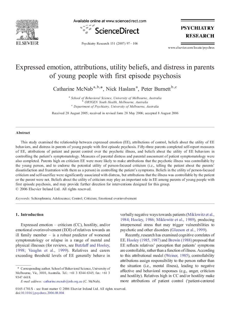 Expressed emotion, attributions, utility beliefs, and distress in parents of young people with first episode psychosis