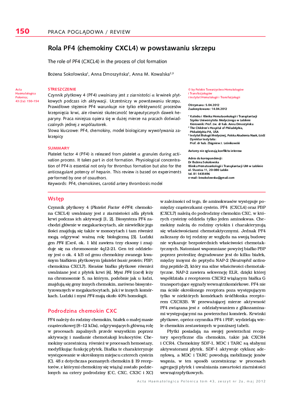 Rola PF4 (chemokiny CXCL4) w powstawaniu skrzepu