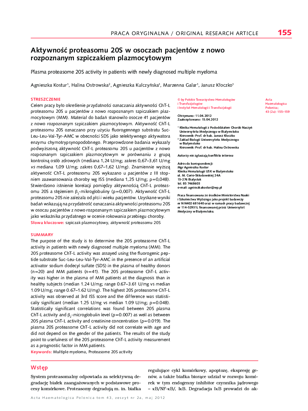AktywnoÅÄ proteasomu 20S w osoczach pacjentów z nowo rozpoznanym szpiczakiem plazmocytowym