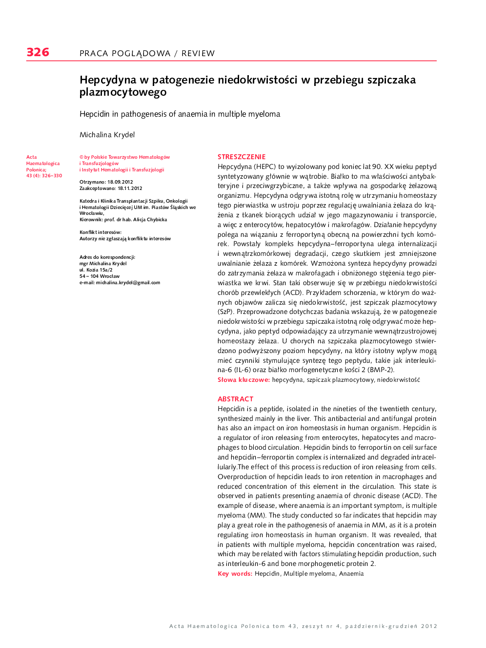 Hepcydyna w patogenezie niedokrwistoÅci w przebiegu szpiczaka plazmocytowego