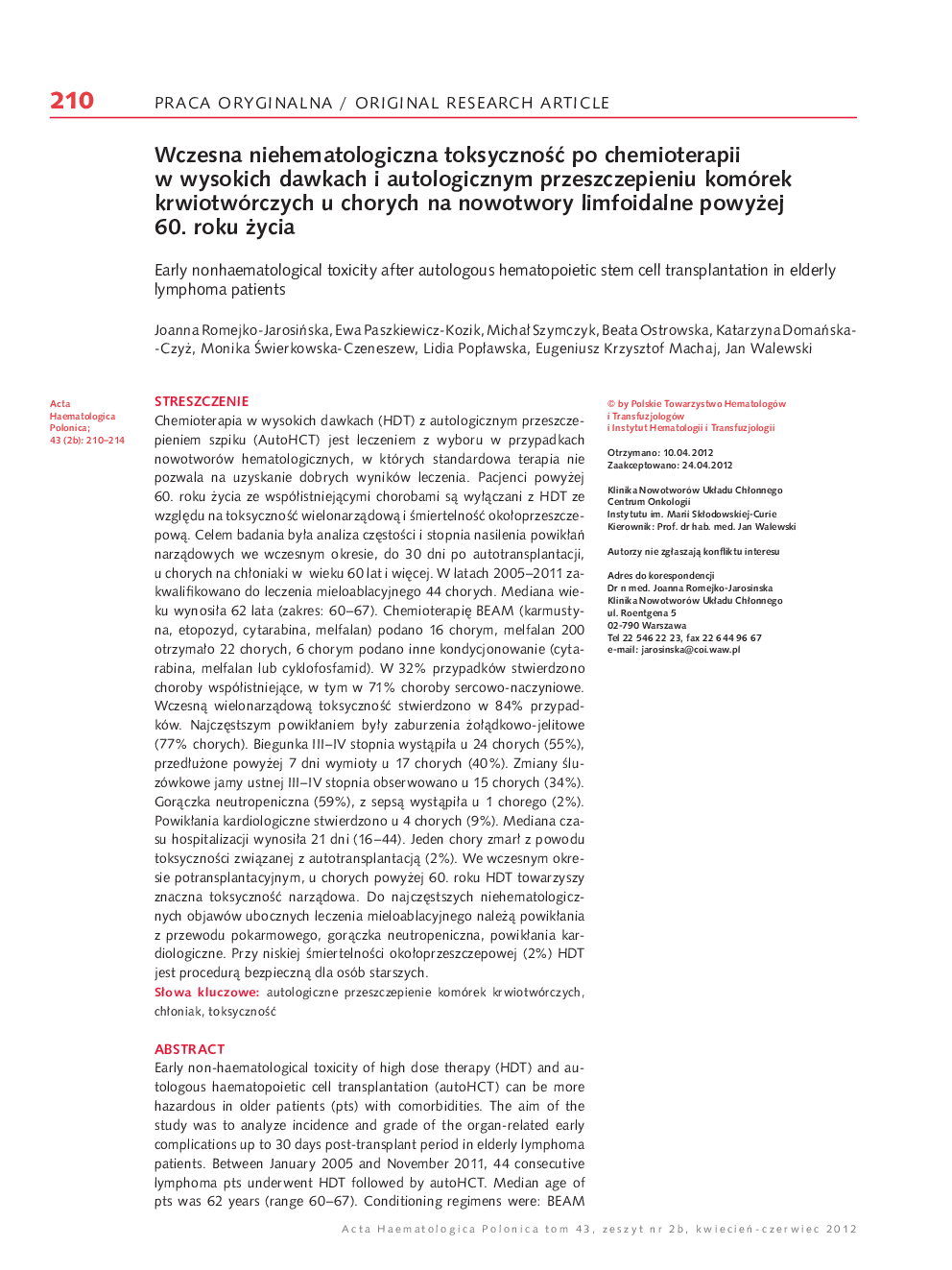 Wczesna niehematologiczna toksycznoÅÄ po chemioterapii w wysokich dawkach i autologicznym przeszczepieniu komórek krwiotwórczych u chorych na nowotwory limfoidalne powyÅ¼ej 60. roku Å¼ycia