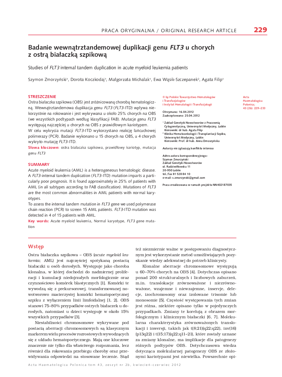Badanie wewnÄtrztandemowej duplikacji genu FLT3 u chorych z ostrÄ biaÅaczkÄ szpikowÄ