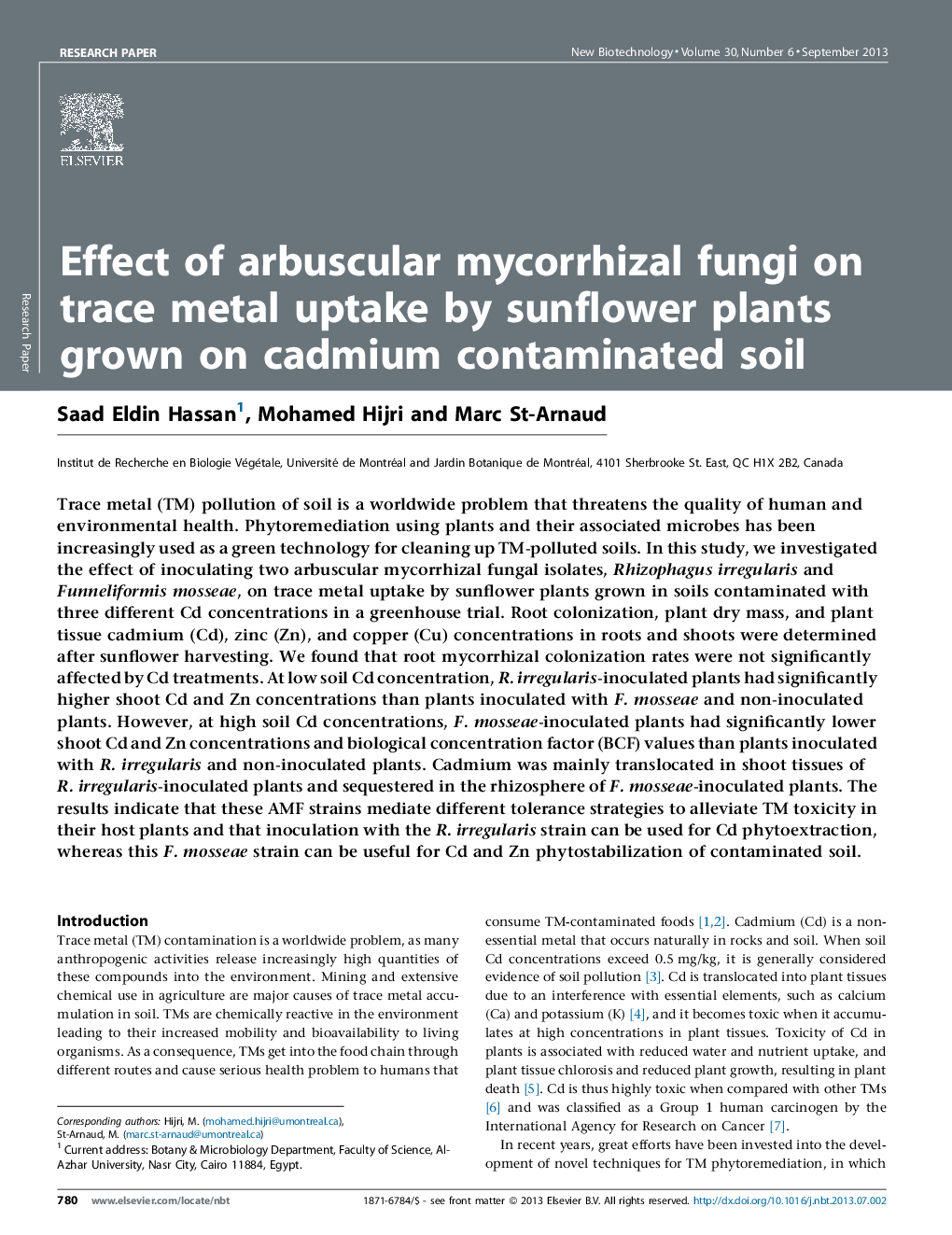 Effect of arbuscular mycorrhizal fungi on trace metal uptake by sunflower plants grown on cadmium contaminated soil