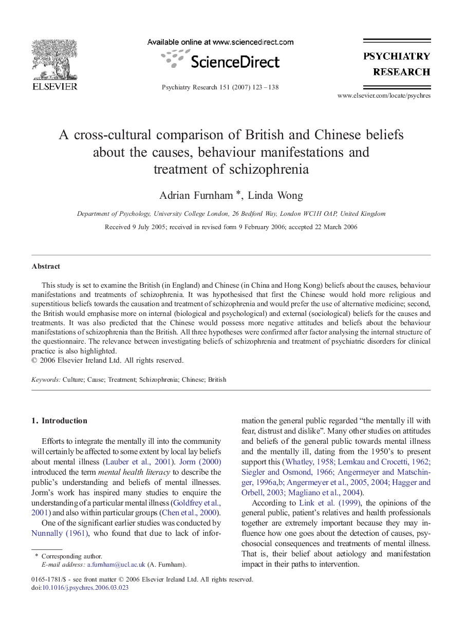 A cross-cultural comparison of British and Chinese beliefs about the causes, behaviour manifestations and treatment of schizophrenia