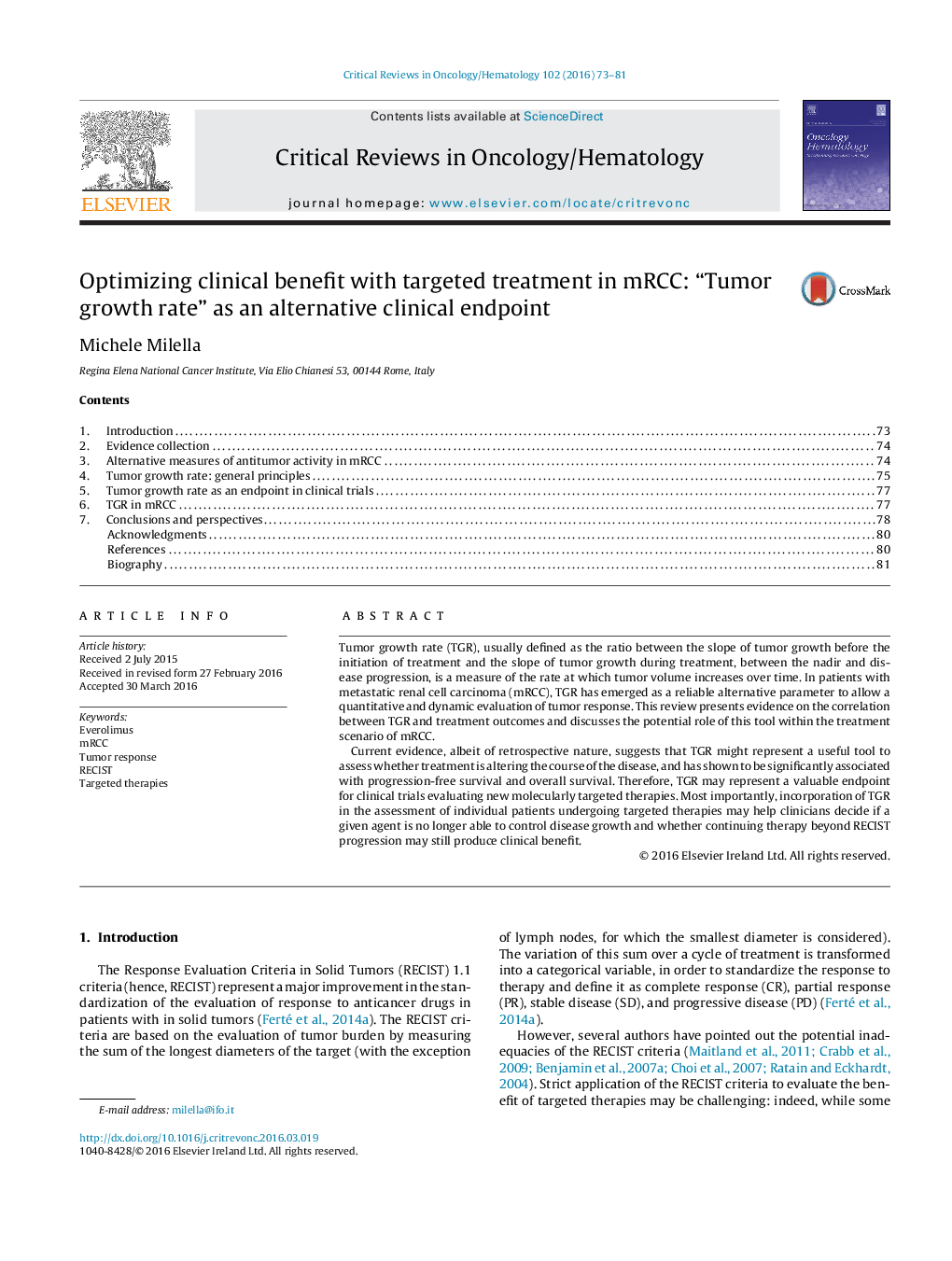 Optimizing clinical benefit with targeted treatment in mRCC: “Tumor growth rate” as an alternative clinical endpoint