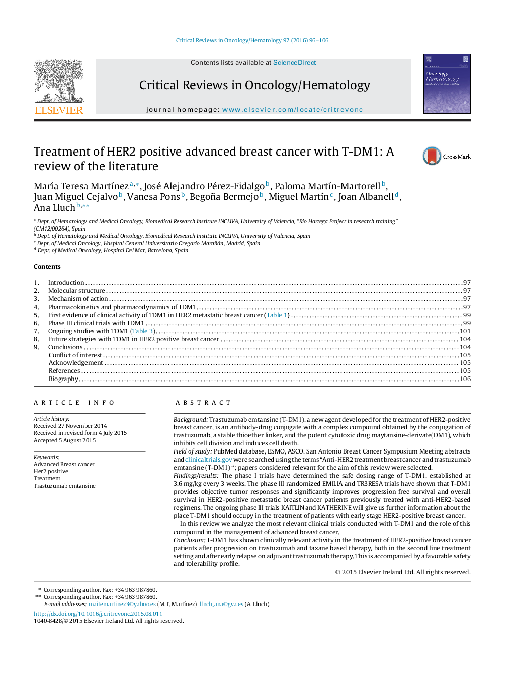 Treatment of HER2 positive advanced breast cancer with T-DM1: A review of the literature