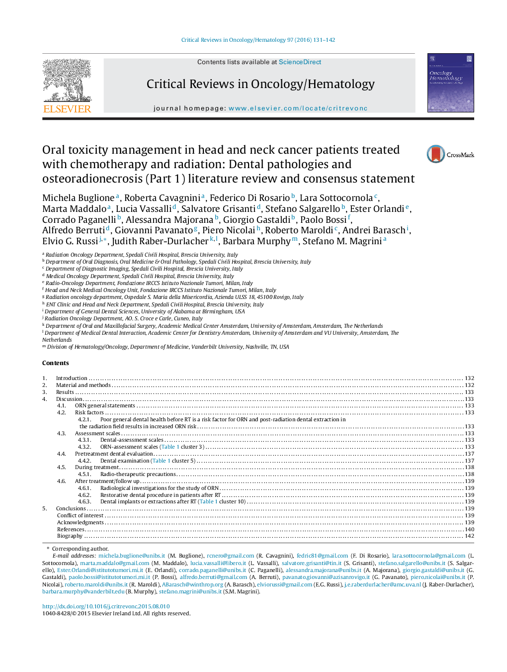 Oral toxicity management in head and neck cancer patients treated with chemotherapy and radiation: Dental pathologies and osteoradionecrosis (Part 1) literature review and consensus statement