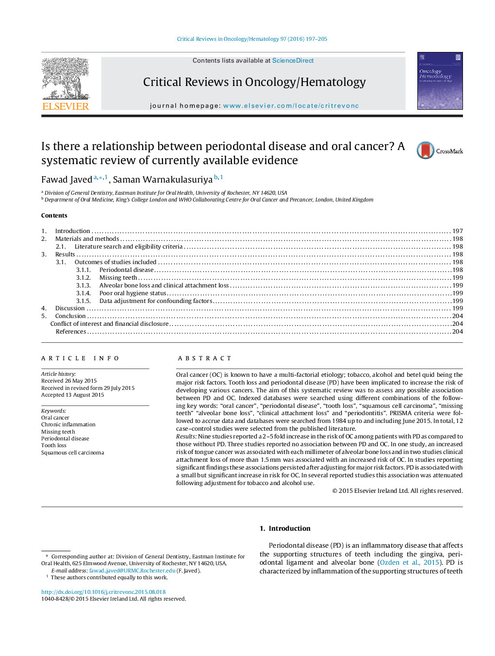 Is there a relationship between periodontal disease and oral cancer? A systematic review of currently available evidence