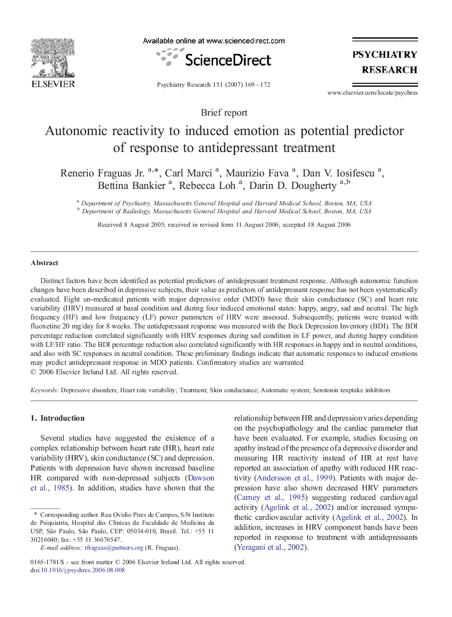 Autonomic reactivity to induced emotion as potential predictor of response to antidepressant treatment