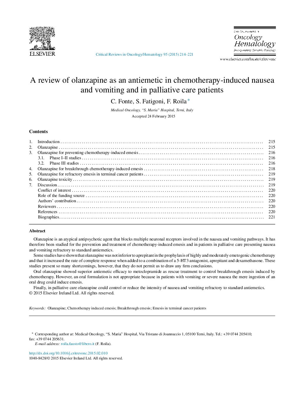 عکس صفحه اول مقاله: A review of olanzapine as an antiemetic in chemotherapy-induced nausea and vomiting and in palliative care patients A review of olanzapine as an antiemetic in chemotherapy-induced nausea and vomiting and in palliative care patients