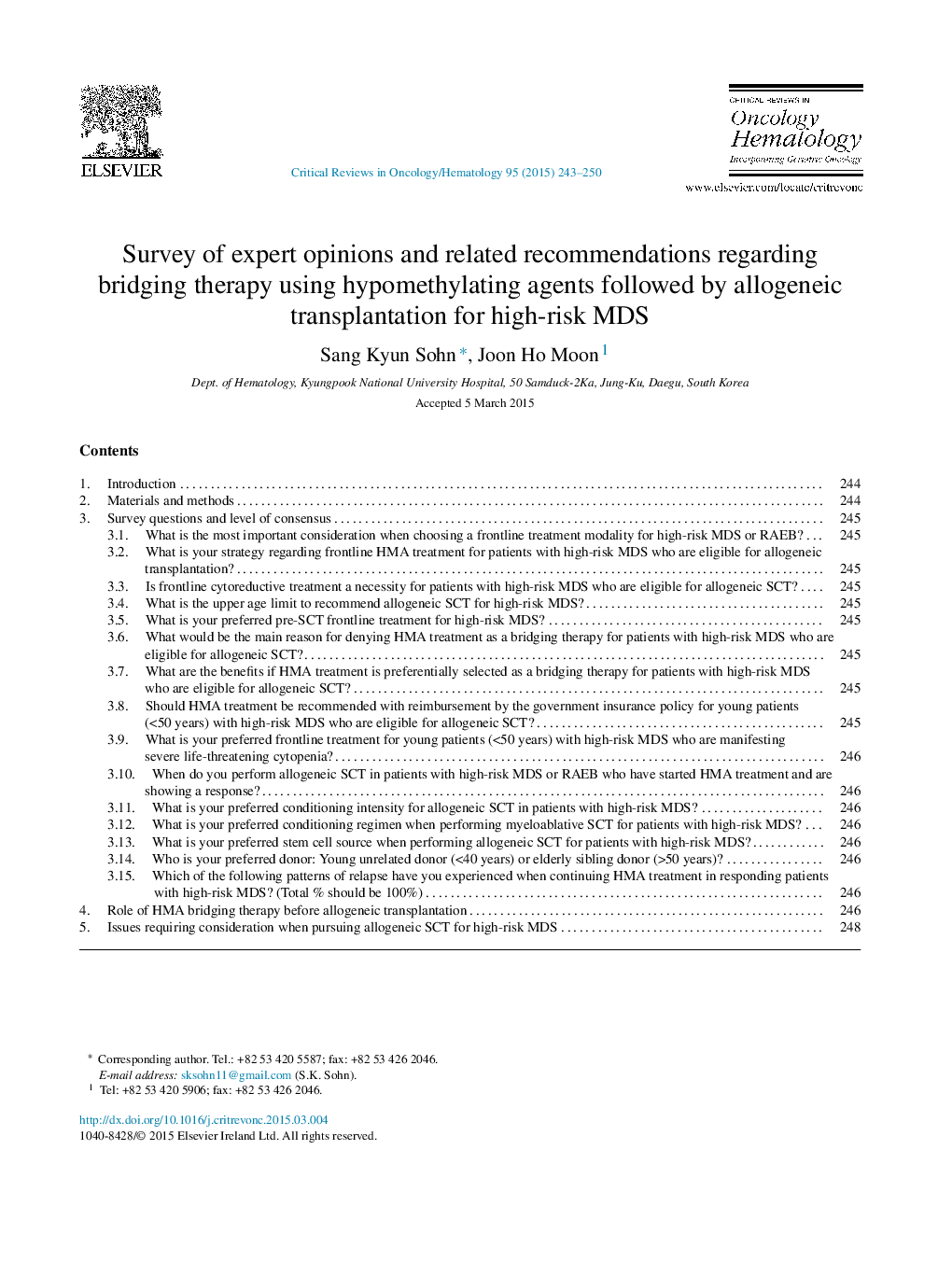 Survey of expert opinions and related recommendations regarding bridging therapy using hypomethylating agents followed by allogeneic transplantation for high-risk MDS