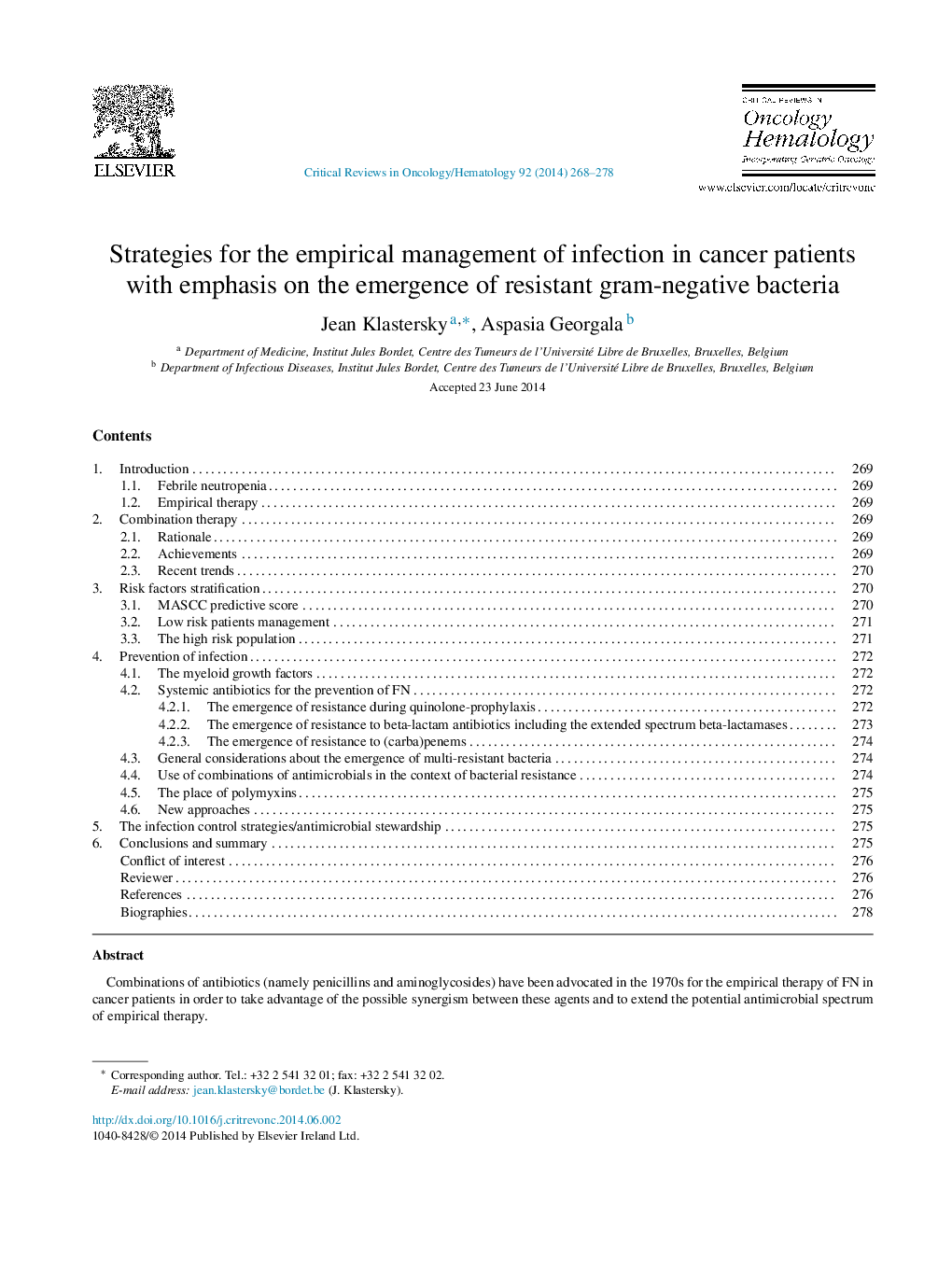 استراتژی های مدیریت تجربی عفونت در بیماران مبتلا به سرطان با تاکید بر ظهور باکتری های گرم منفی مقاوم 