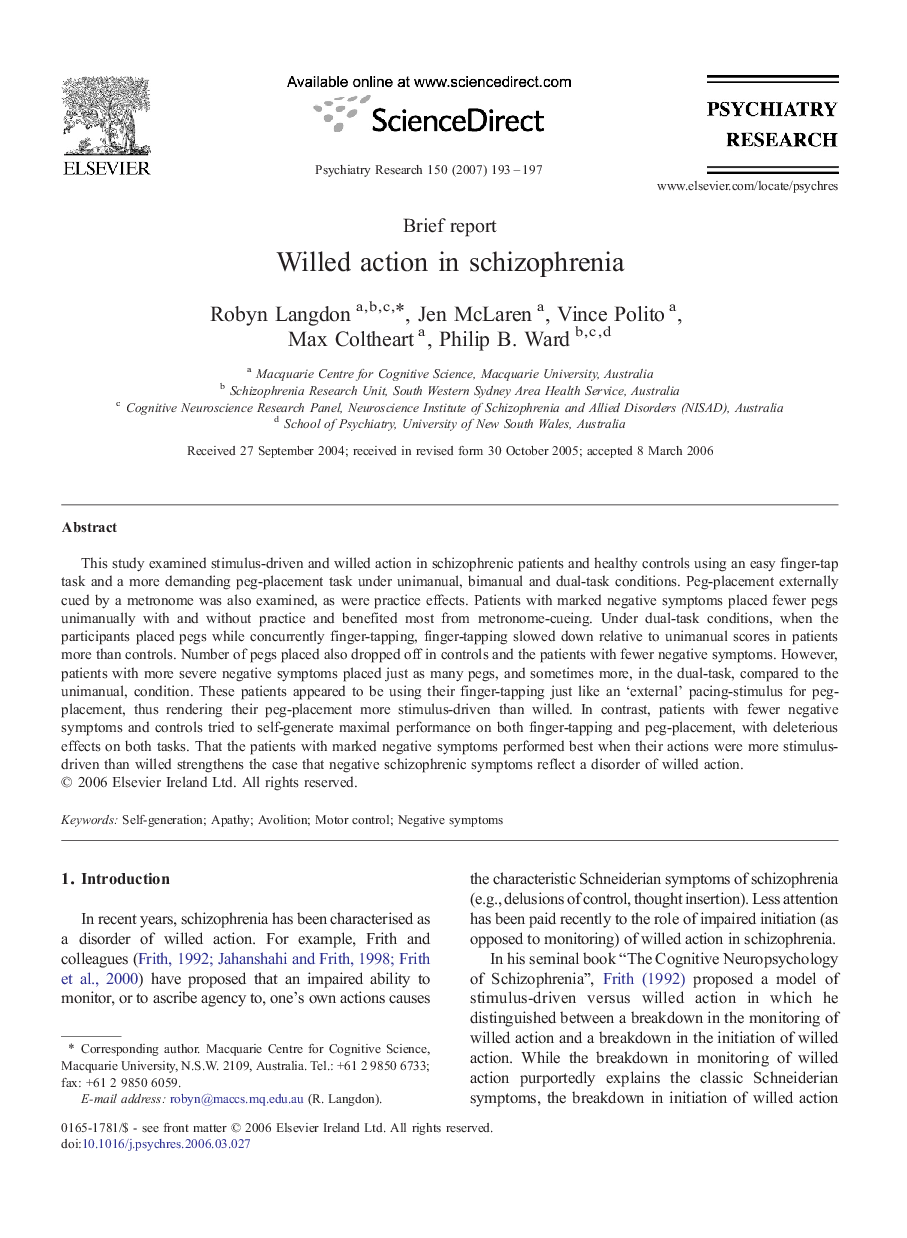 Willed action in schizophrenia