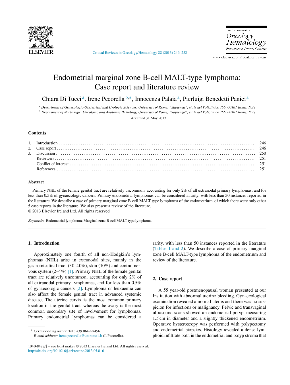 Endometrial marginal zone B-cell MALT-type lymphoma: Case report and literature review