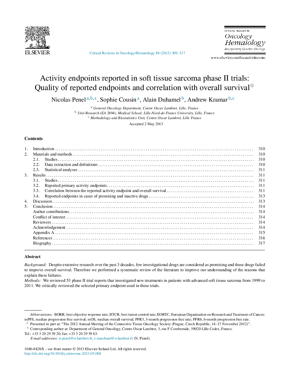 Activity endpoints reported in soft tissue sarcoma phase II trials: Quality of reported endpoints and correlation with overall survival 
