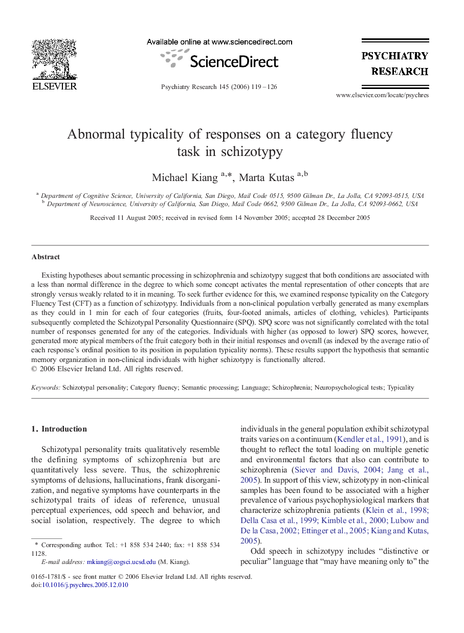 Abnormal typicality of responses on a category fluency task in schizotypy