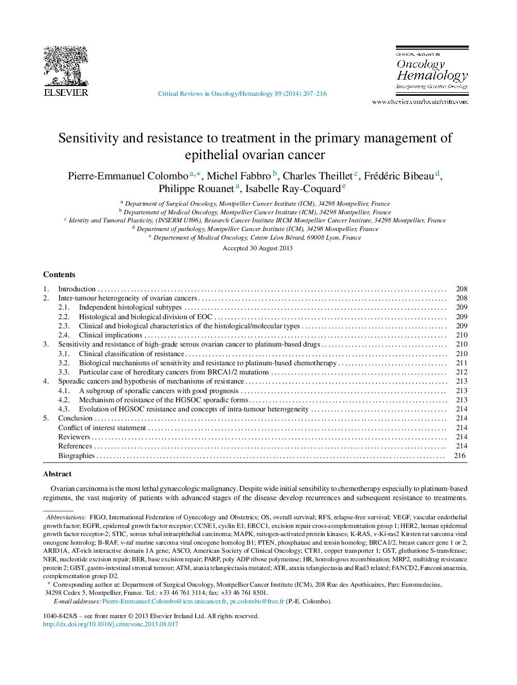 Sensitivity and resistance to treatment in the primary management of epithelial ovarian cancer