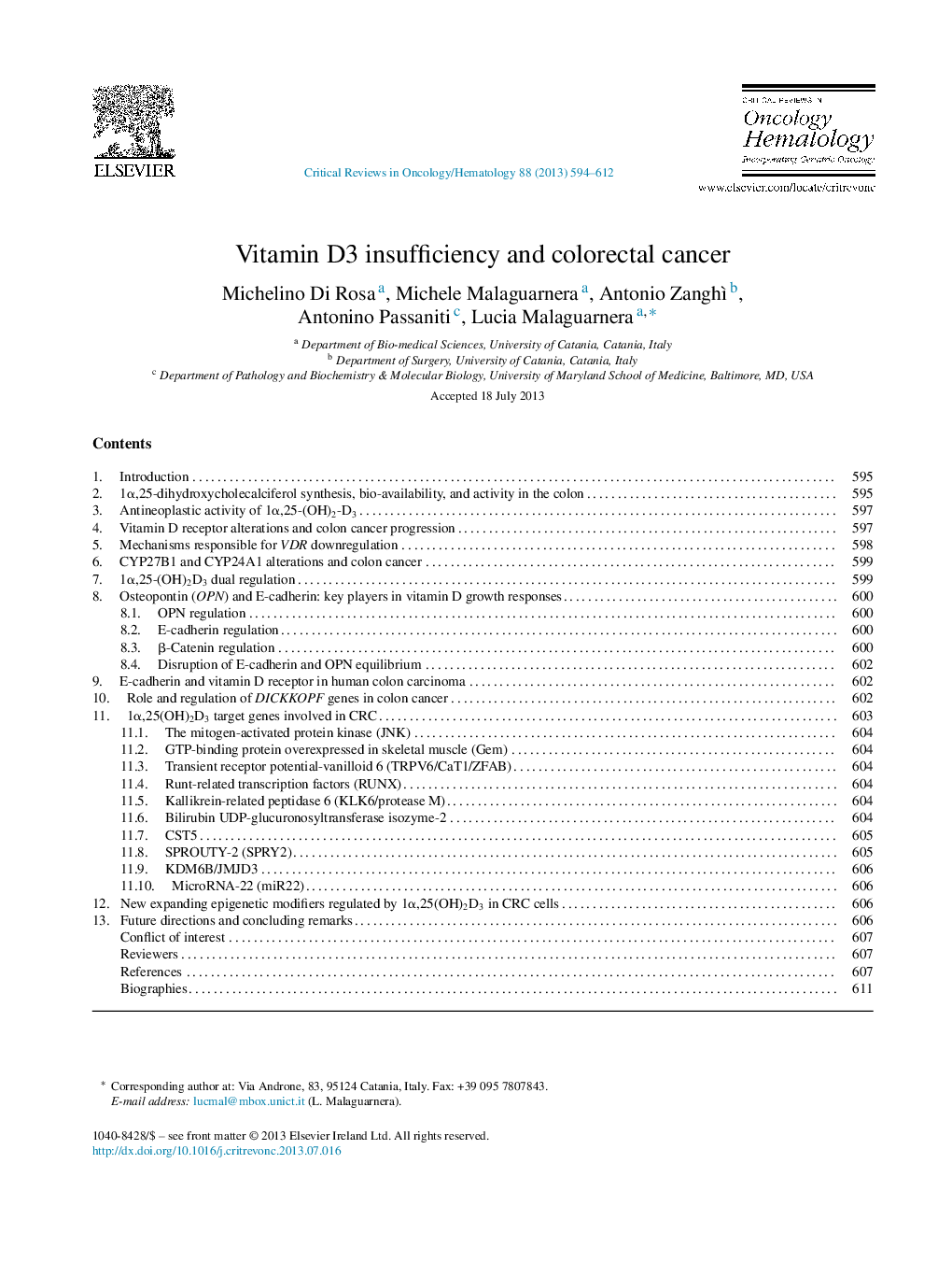 Vitamin D3 insufficiency and colorectal cancer