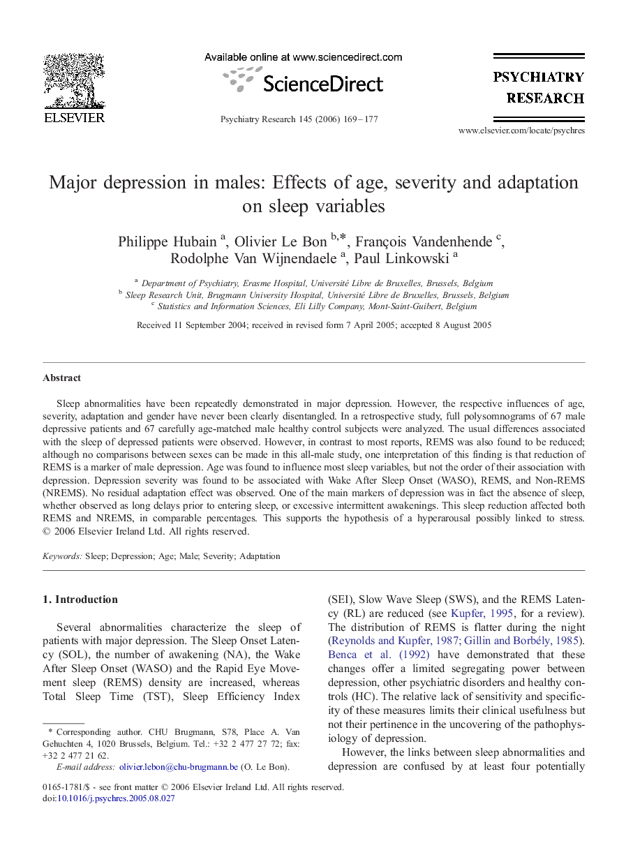 Major depression in males: Effects of age, severity and adaptation on sleep variables