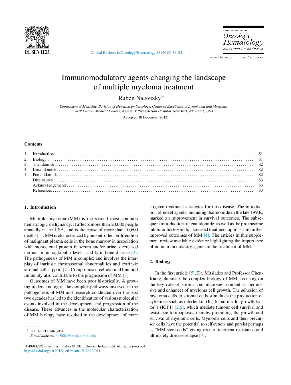Immunomodulatory agents changing the landscape of multiple myeloma treatment