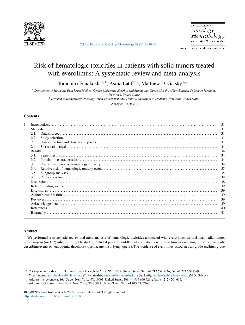 Risk of hematologic toxicities in patients with solid tumors treated with everolimus: A systematic review and meta-analysis