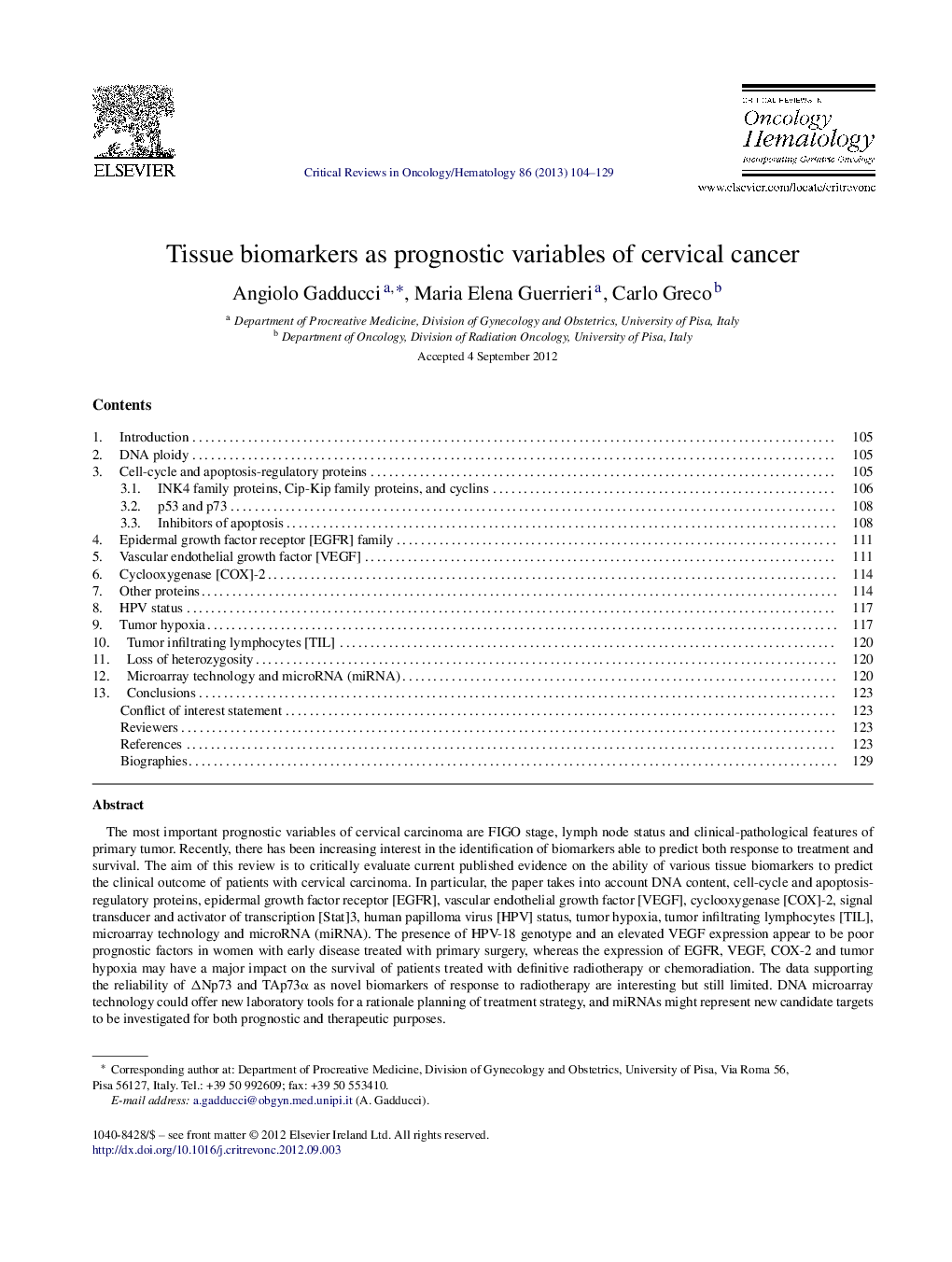 Tissue biomarkers as prognostic variables of cervical cancer