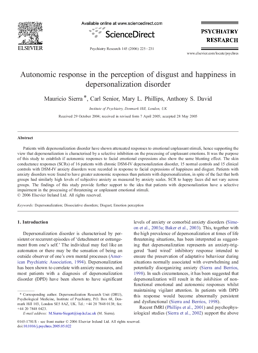 Autonomic response in the perception of disgust and happiness in depersonalization disorder