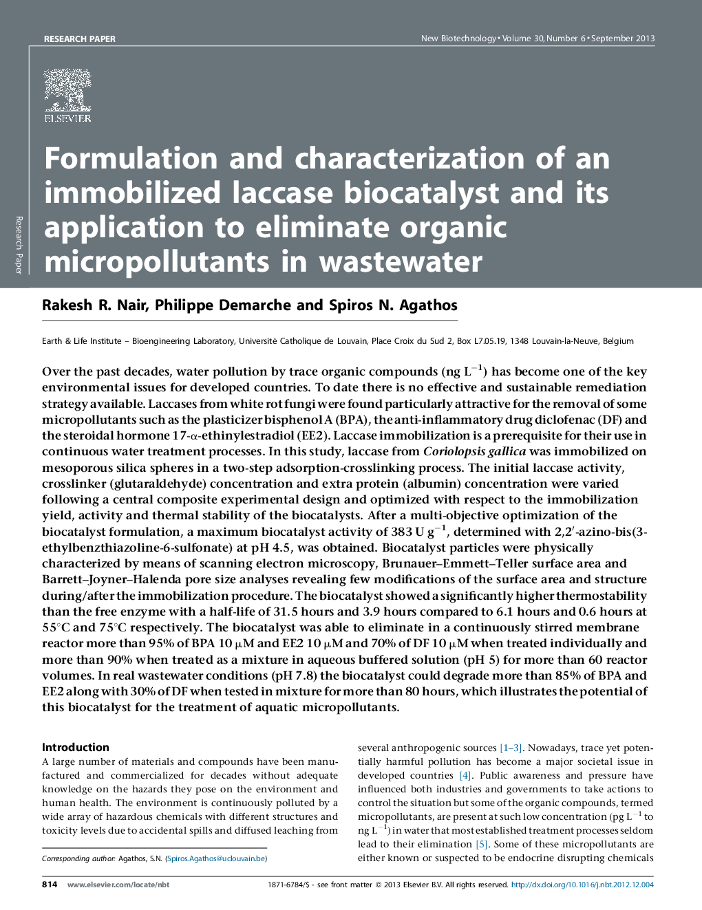 Formulation and characterization of an immobilized laccase biocatalyst and its application to eliminate organic micropollutants in wastewater