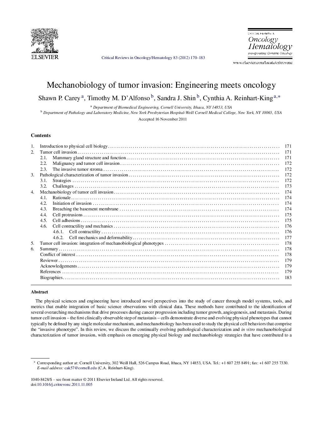 Mechanobiology of tumor invasion: Engineering meets oncology