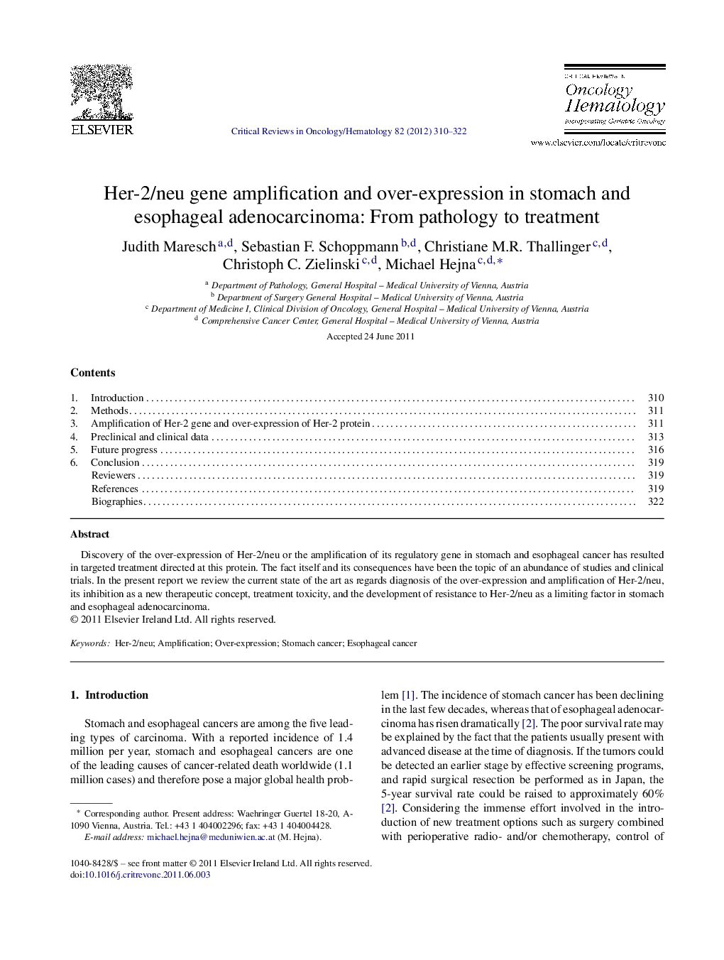 Her-2/neu gene amplification and over-expression in stomach and esophageal adenocarcinoma: From pathology to treatment