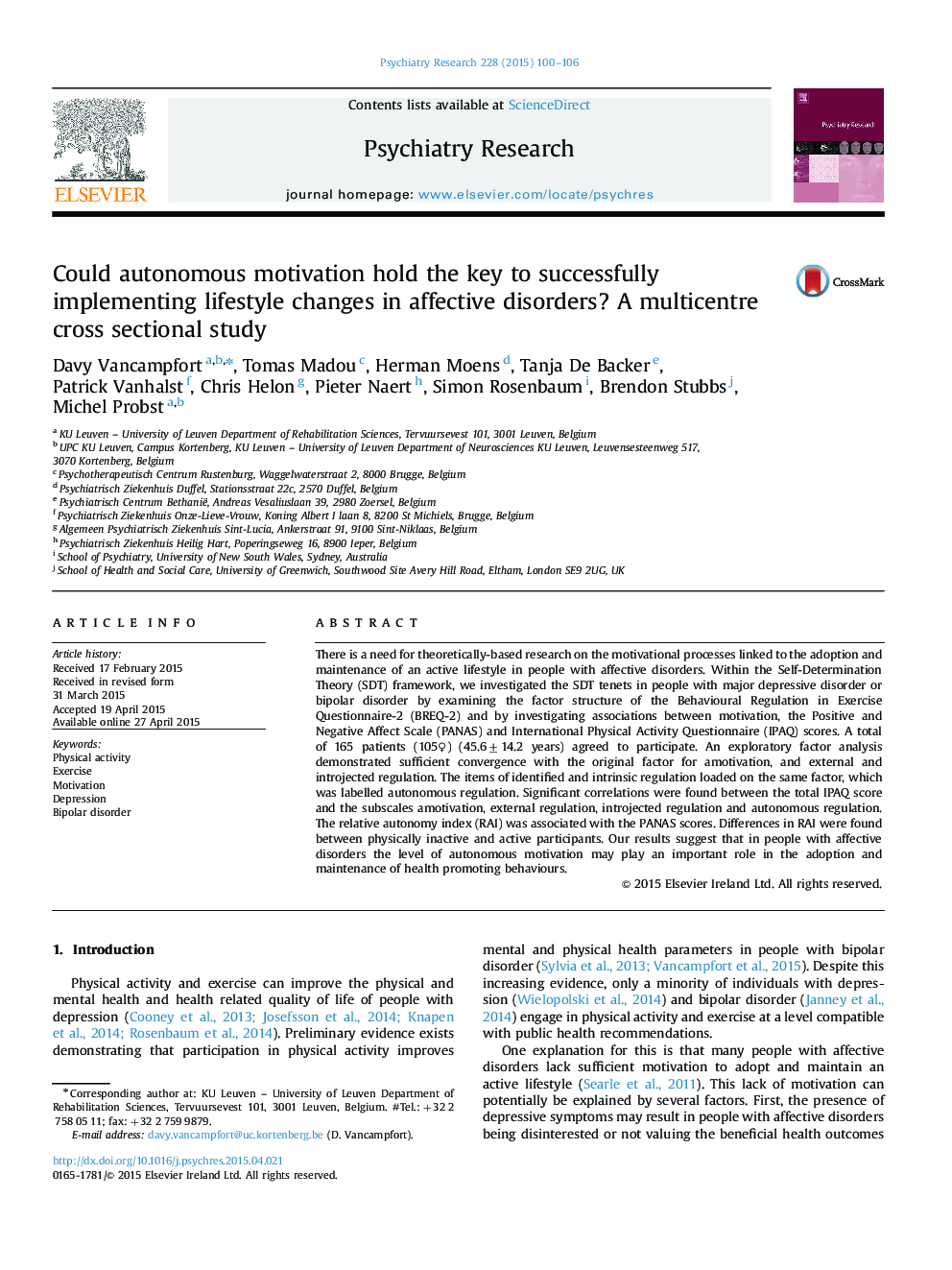 Could autonomous motivation hold the key to successfully implementing lifestyle changes in affective disorders? A multicentre cross sectional study