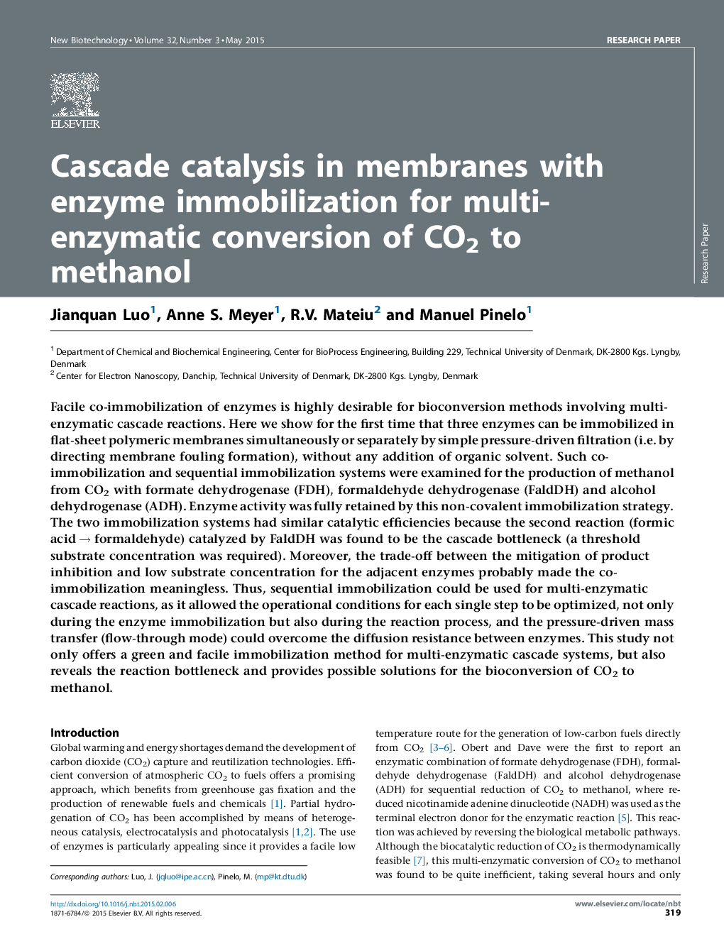 Cascade catalysis in membranes with enzyme immobilization for multi-enzymatic conversion of CO2 to methanol