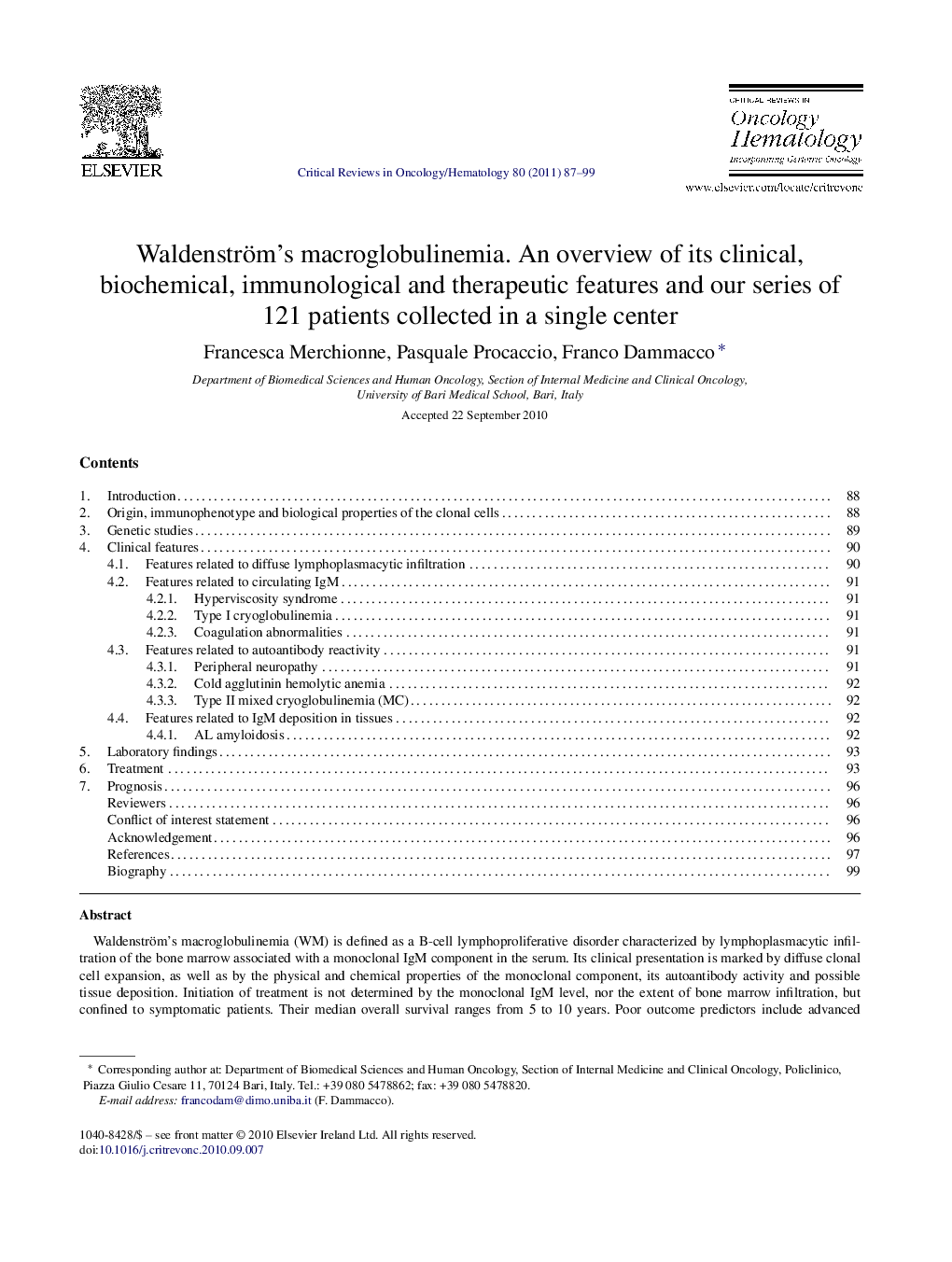 Waldenström's macroglobulinemia. An overview of its clinical, biochemical, immunological and therapeutic features and our series of 121 patients collected in a single center