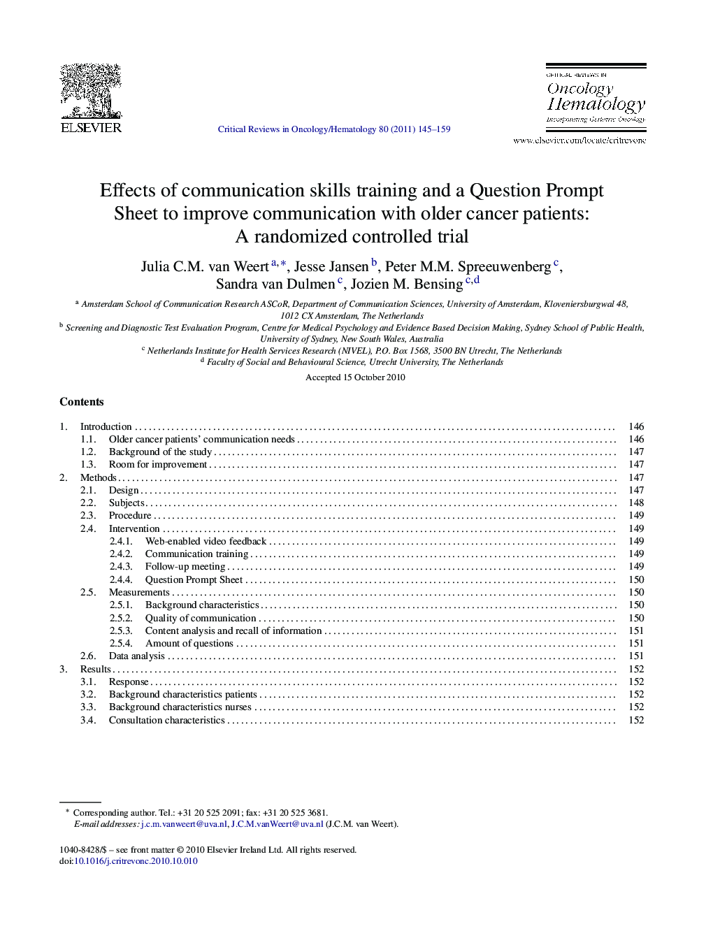 Effects of communication skills training and a Question Prompt Sheet to improve communication with older cancer patients: A randomized controlled trial