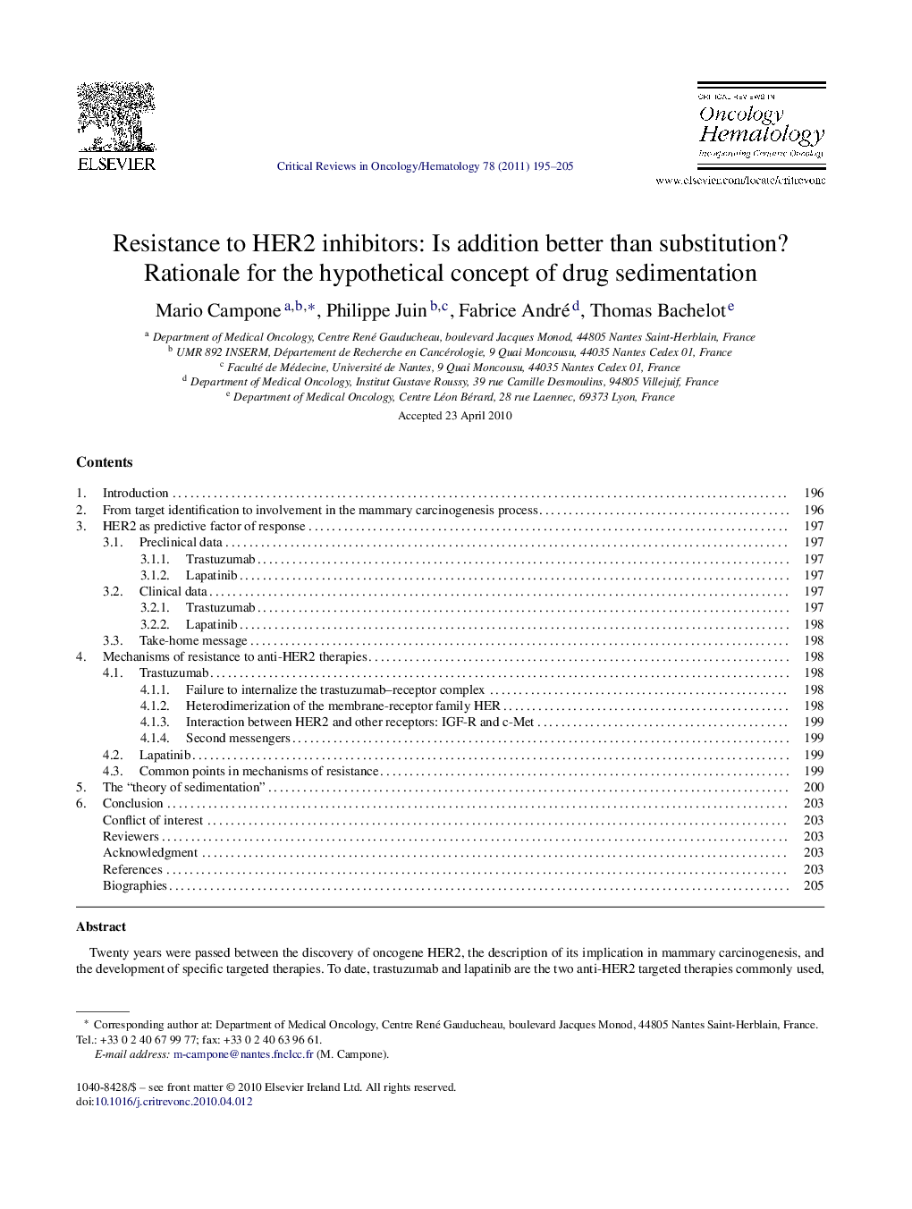 Resistance to HER2 inhibitors: Is addition better than substitution? Rationale for the hypothetical concept of drug sedimentation