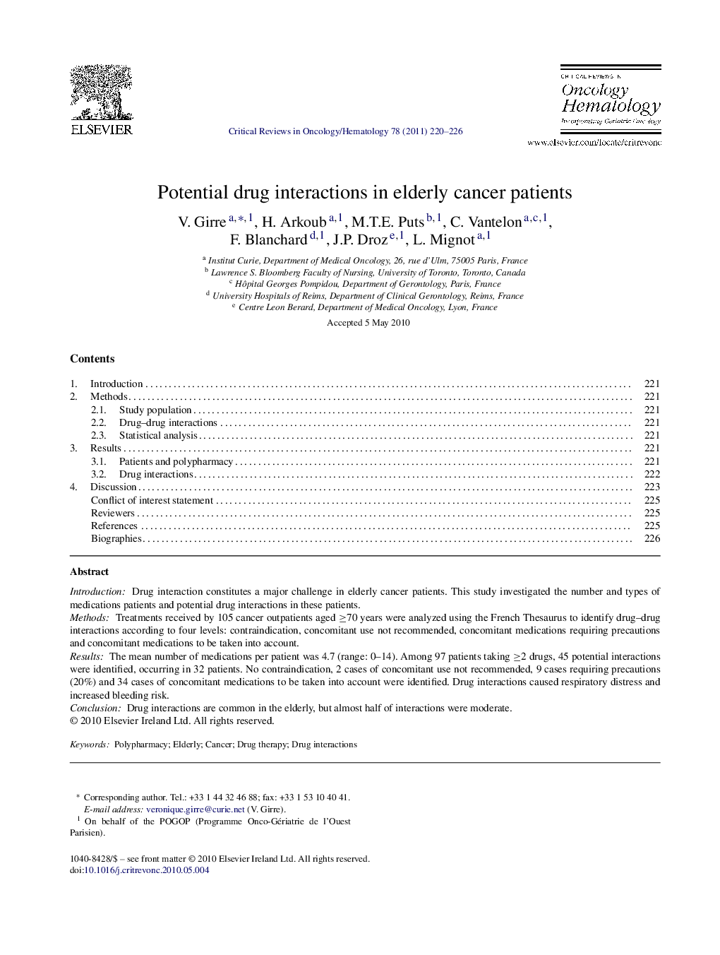 Potential drug interactions in elderly cancer patients