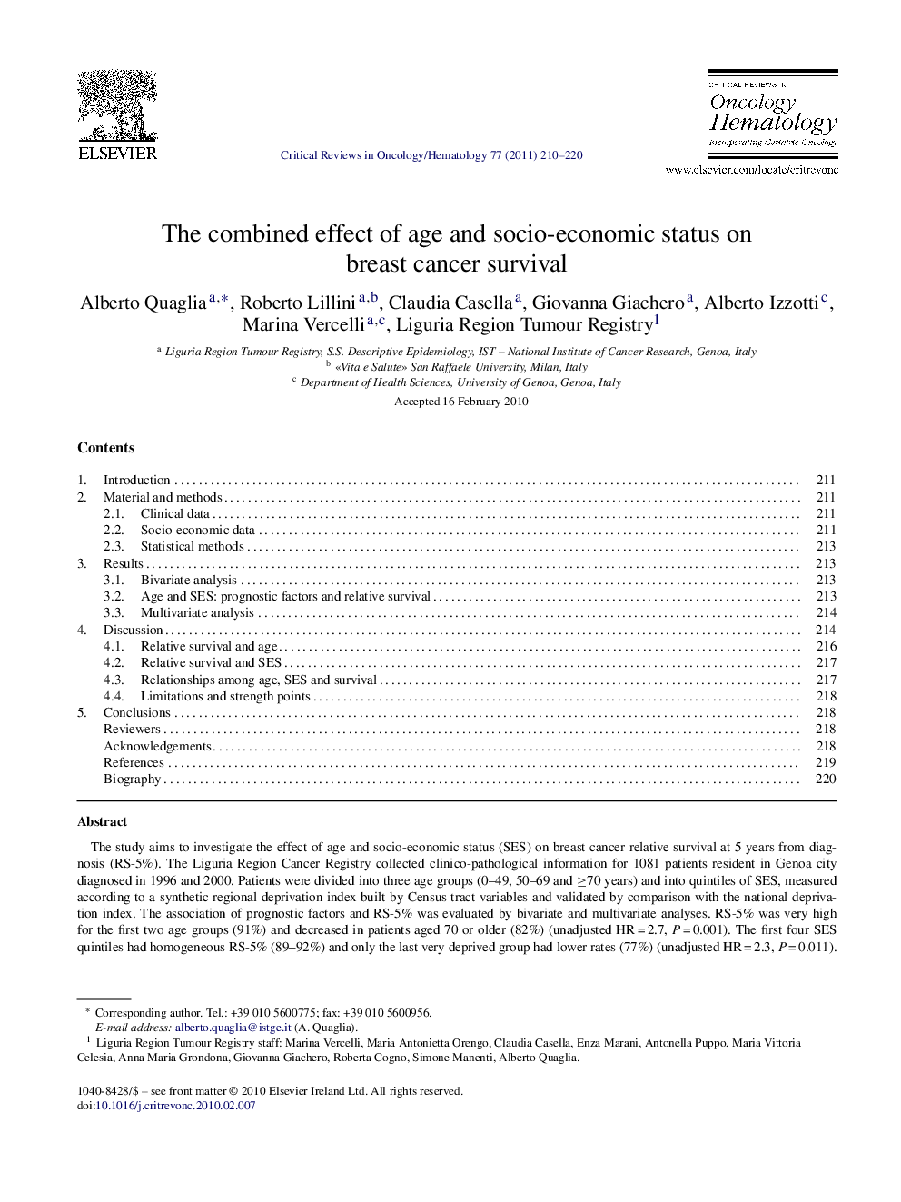 The combined effect of age and socio-economic status on breast cancer survival