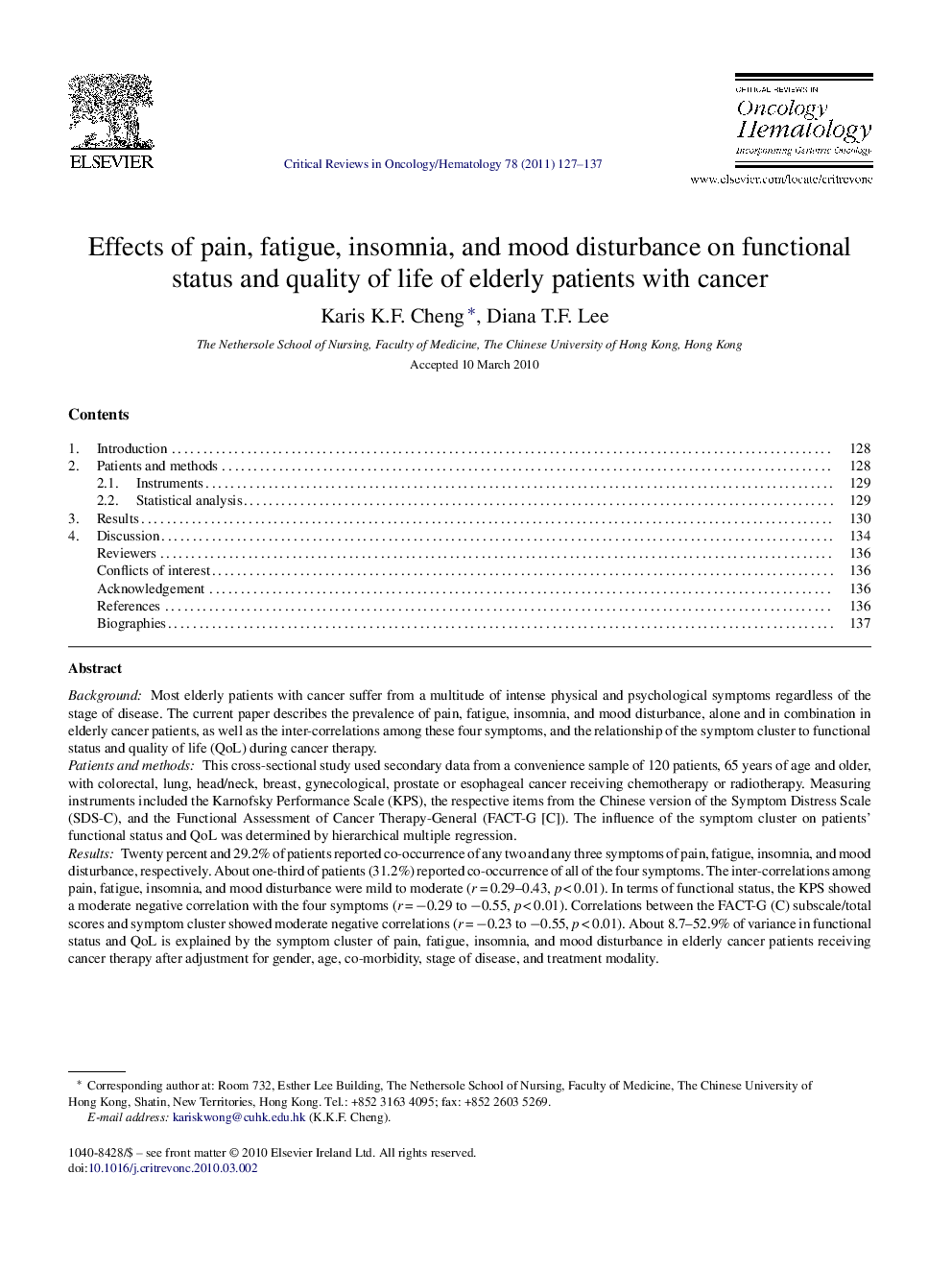 Effects of pain, fatigue, insomnia, and mood disturbance on functional status and quality of life of elderly patients with cancer