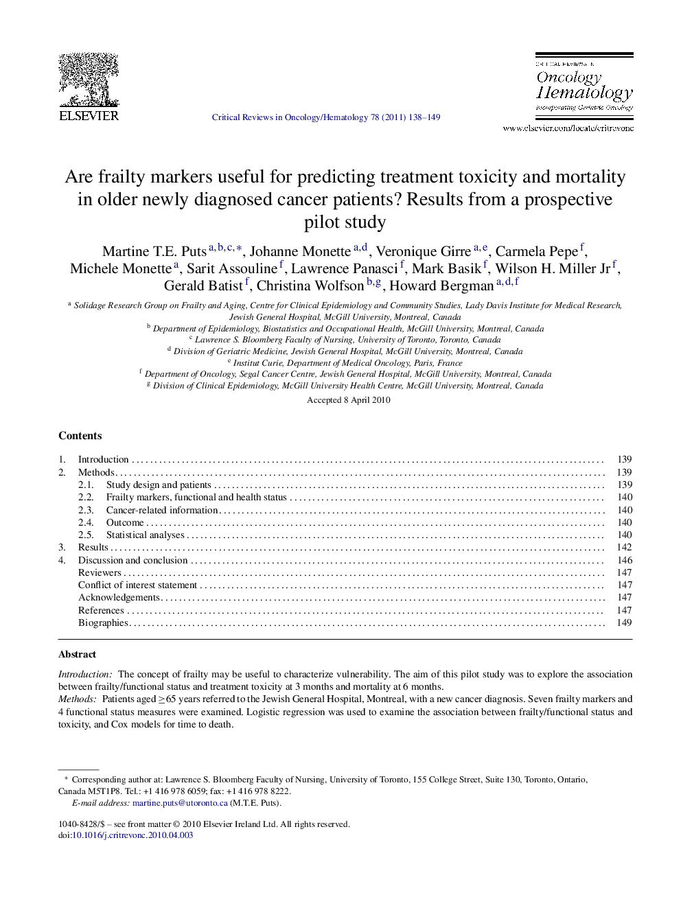 عکس صفحه اول مقاله: Are frailty markers useful for predicting treatment toxicity and mortality in older newly diagnosed cancer patients? Results from a prospective pilot study Are frailty markers useful for predicting treatment toxicity and mortality in older newly diagnosed cancer patients? Results from a prospective pilot study