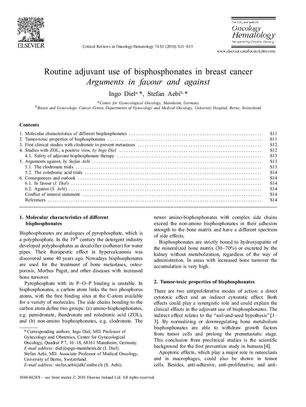 Routine adjuvant use of bisphosphonates in breast cancer Arguments in favour and against