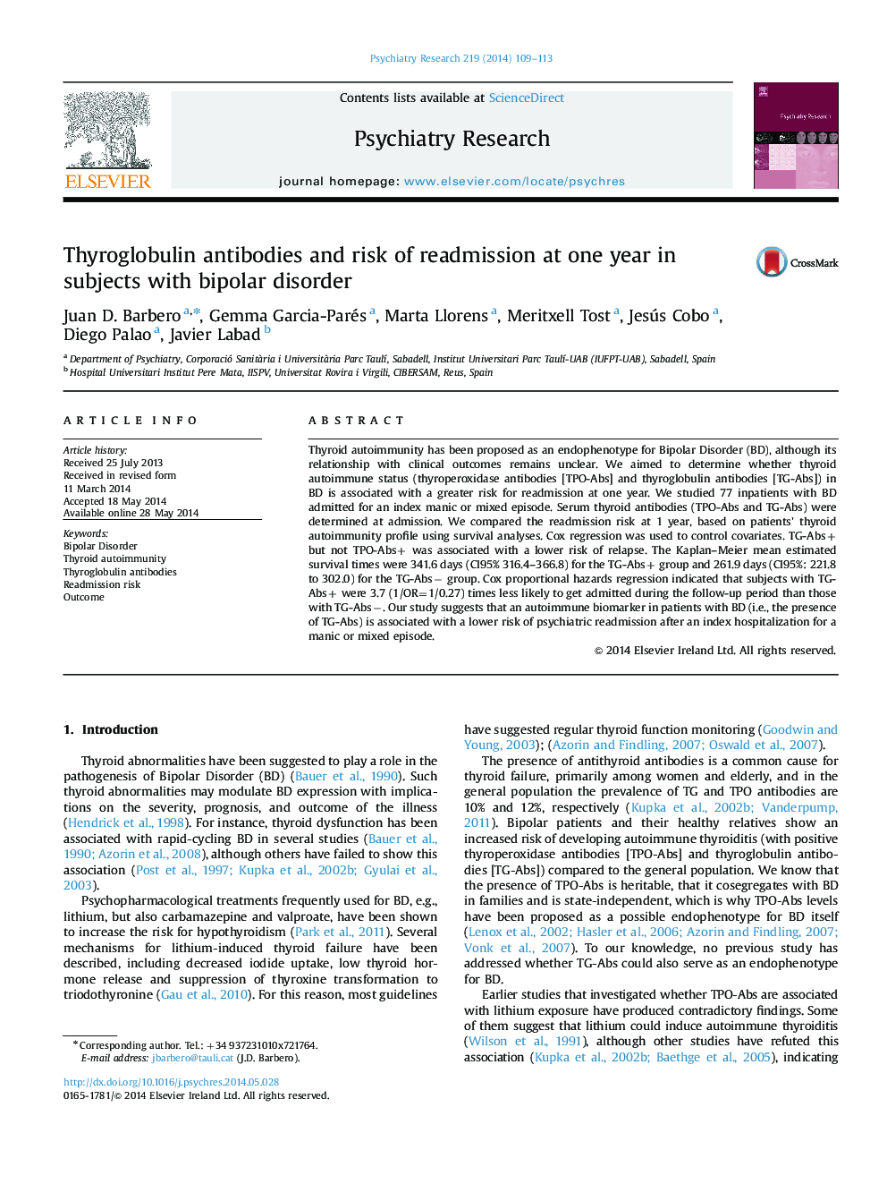 Thyroglobulin antibodies and risk of readmission at one year in subjects with bipolar disorder