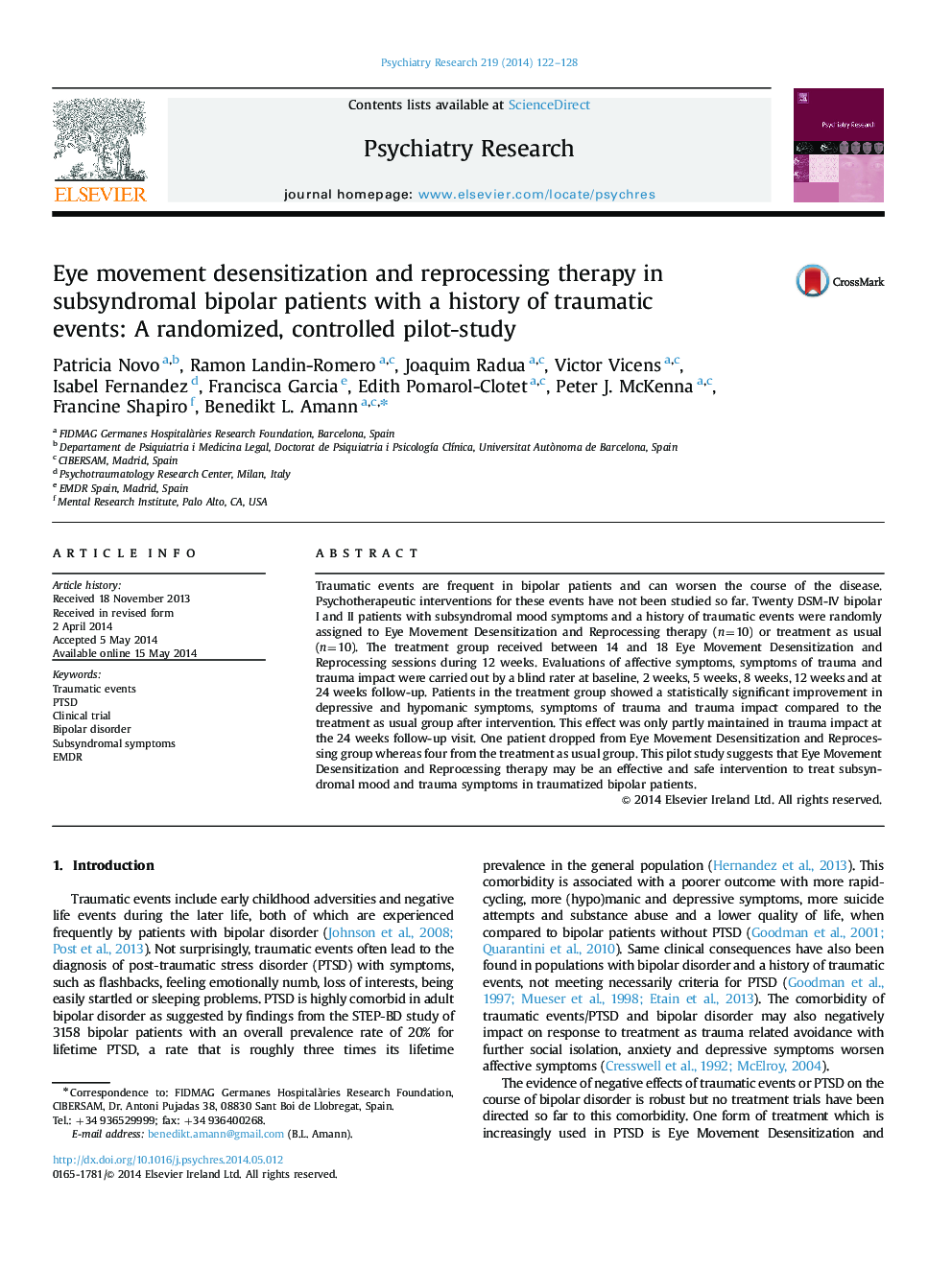 Eye movement desensitization and reprocessing therapy in subsyndromal bipolar patients with a history of traumatic events: A randomized, controlled pilot-study