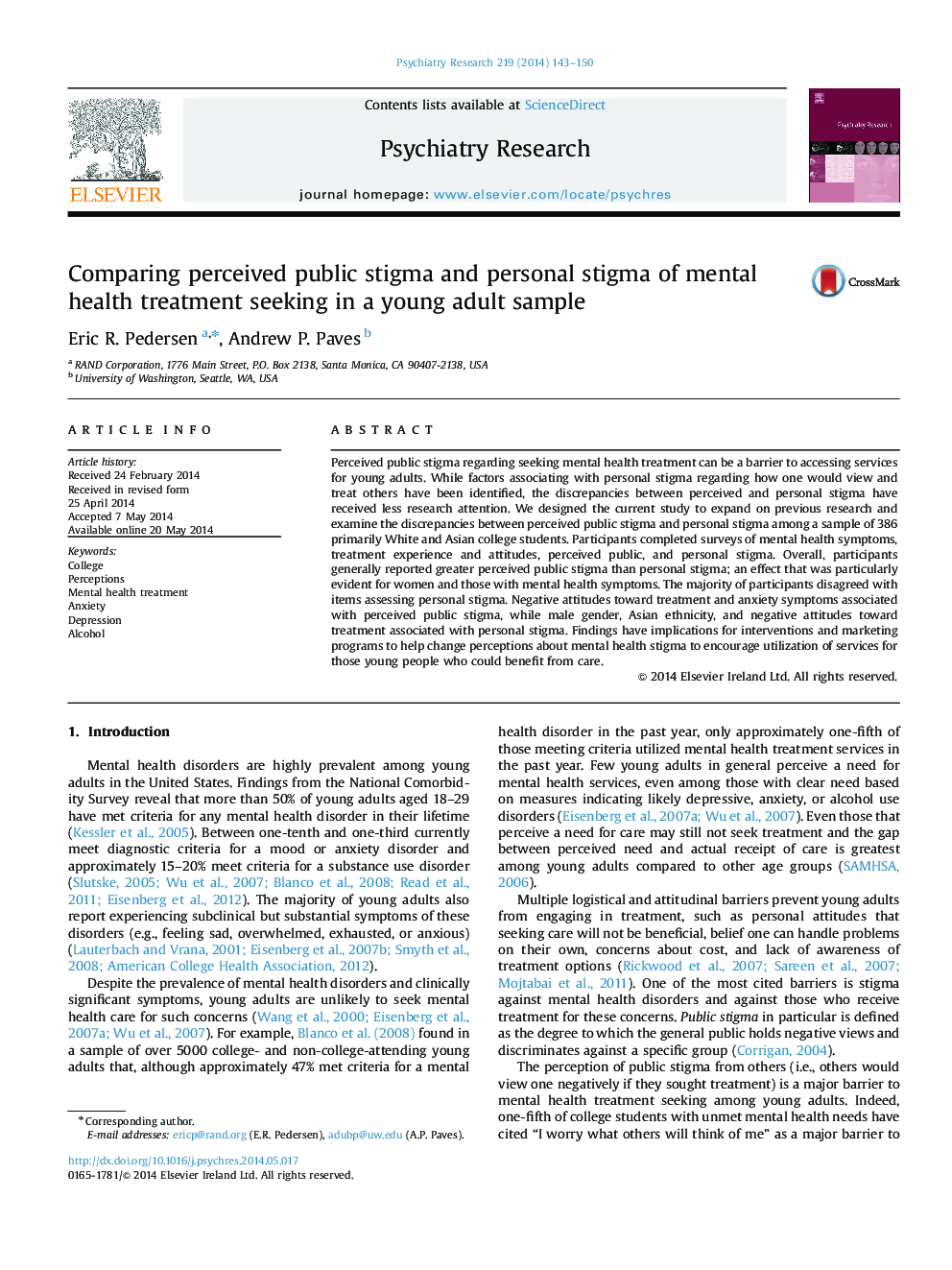 Comparing perceived public stigma and personal stigma of mental health treatment seeking in a young adult sample