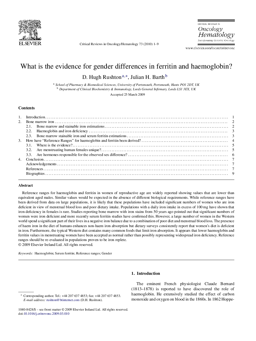 What is the evidence for gender differences in ferritin and haemoglobin?