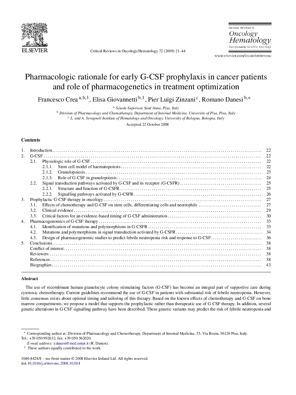 Pharmacologic rationale for early G-CSF prophylaxis in cancer patients and role of pharmacogenetics in treatment optimization